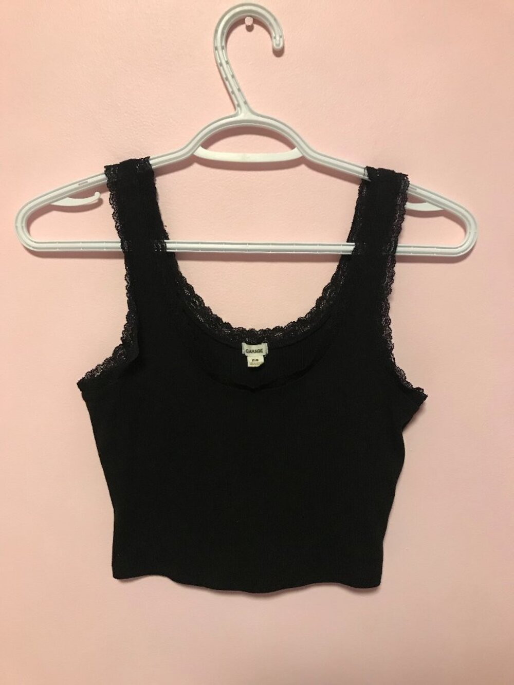 GARAGE Black Cropped Lace Trimmed Tank Top